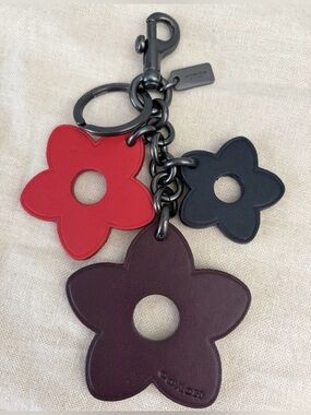 COACH Wild Flower Key Ring/ Bag Charm Set Black/ Burgundy/ Red Leather/ Gunmetal